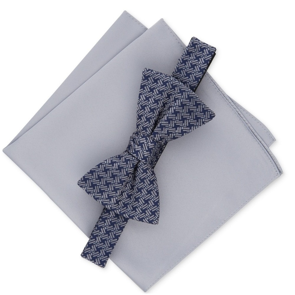 Alfani Mens Bow Tie and Pocket Square Set OS Blue/Silver Textured Formal Necktie
